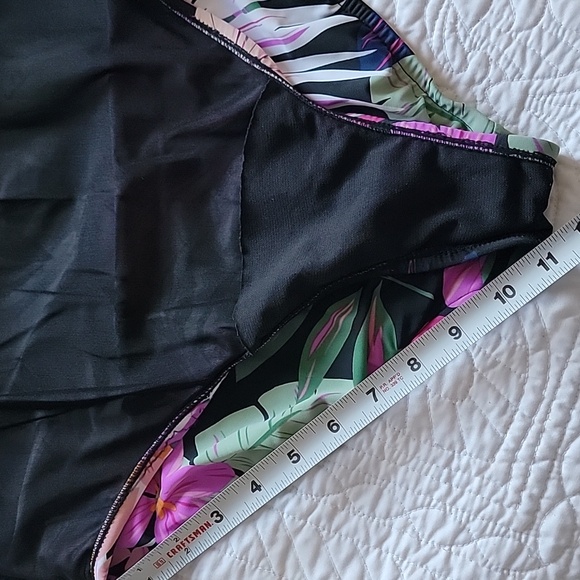 Off The Shoulder Black Tropical Print Tummy Control Waist Mininizer Swimsuit - Picture 13 of 15